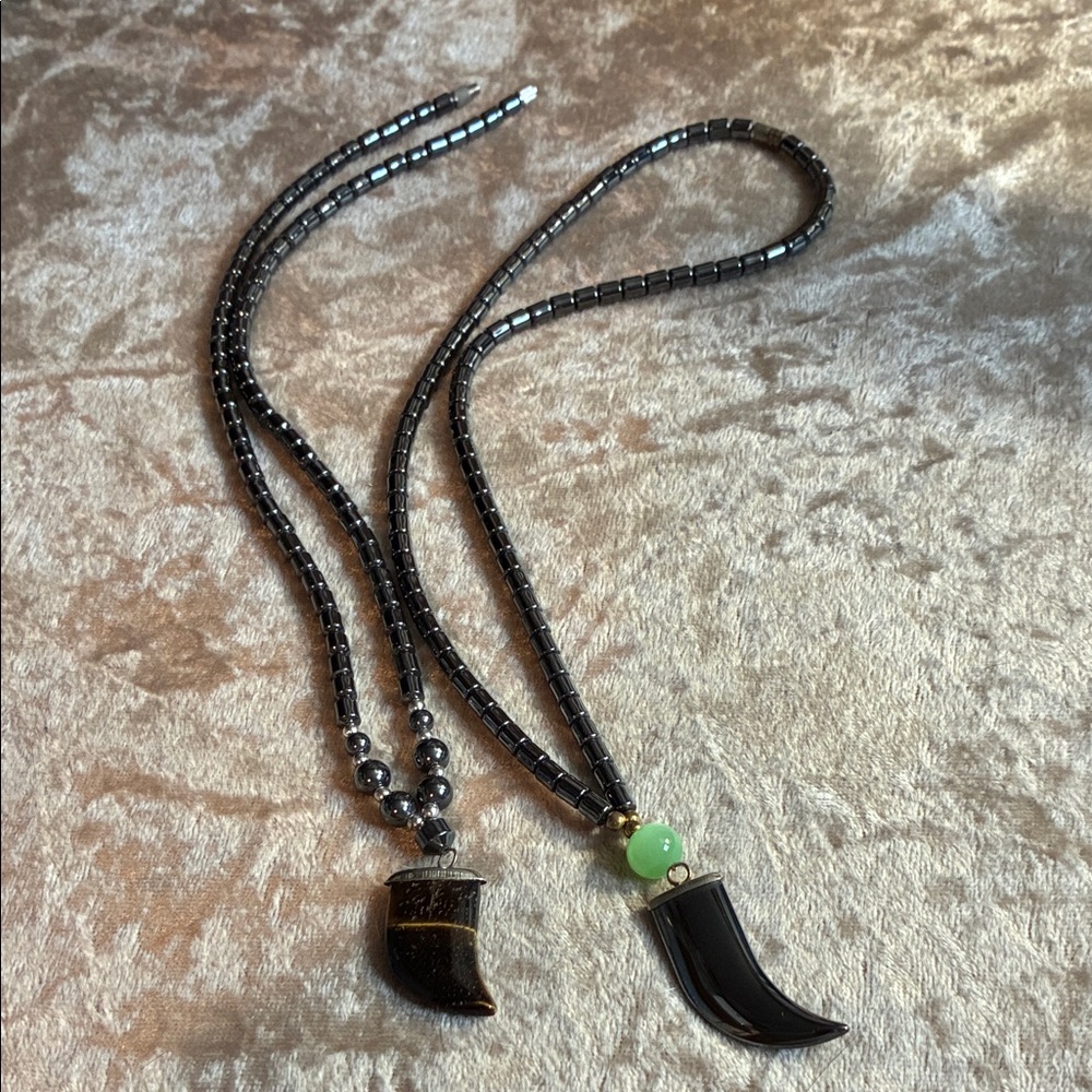 Hematite and tiger eye Beaded Necklace with Horn Pendant